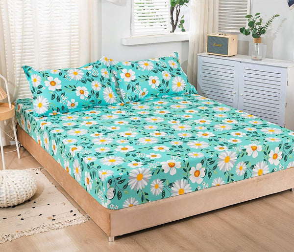 Huse cu Elastic Bumbac Satinat Pat Dublu Verde Floral CF36
