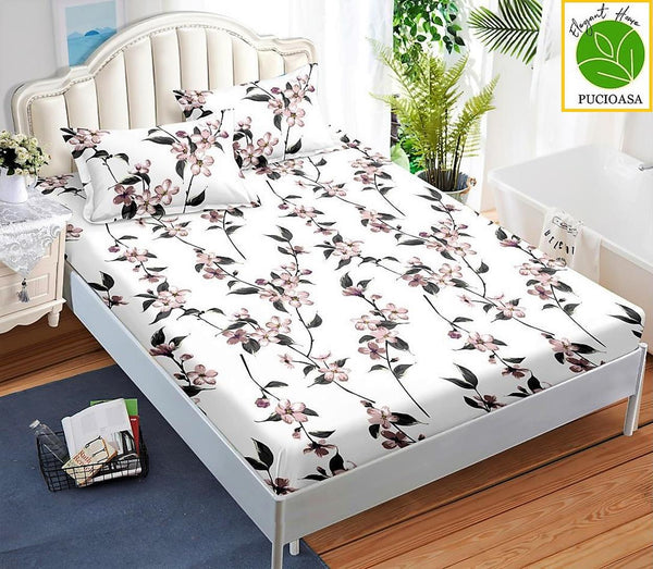 Huse Saltea cu Elastic Bumbac Finet Pat Dublu Albe Floral CFN201