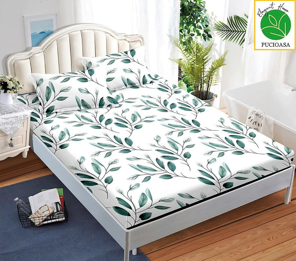 Huse Saltea cu Elastic Bumbac Finet Pat Dublu Albe Frunze Verzi CFN213