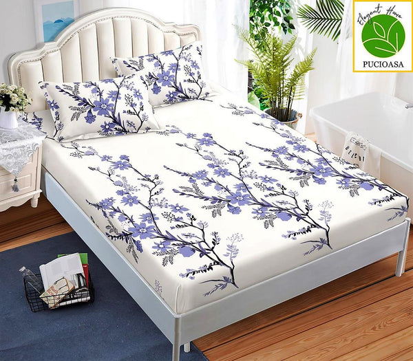 Huse Saltea cu Elastic Bumbac Finet Pat Dublu Albe Lila Floral CFN197