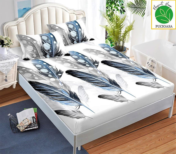 Huse Saltea cu Elastic Bumbac Finet Pat Dublu Albe Pene Albastre  CFN214