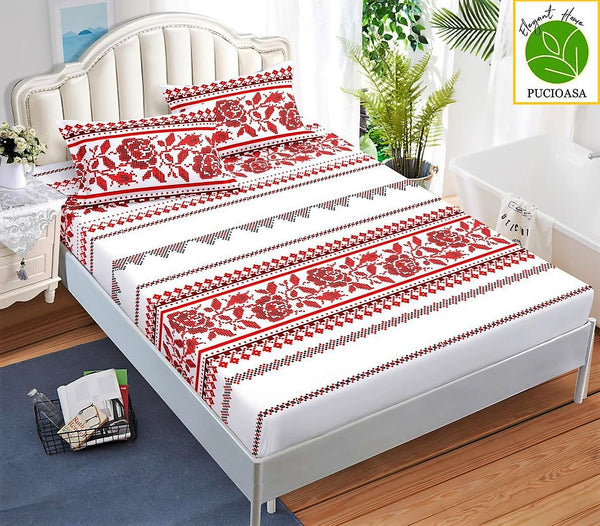 Cearceafuri cu Elastic Bumbac Finet Pat Dublu Albe Motive Traditionale Rosii CFN230