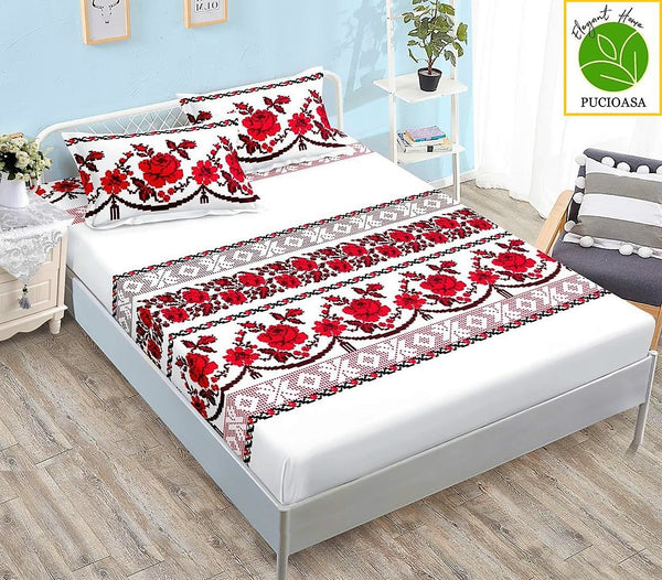 Cearceafuri cu Elastic Bumbac Finet Pat Dublu Albe Motive Traditionale Rosii CFN231