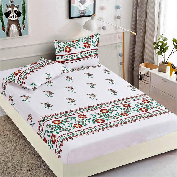 Cearceafuri cu Elastic Bumbac Finet Pat Dublu Albe Motive Traditionale Verzi CFJ163