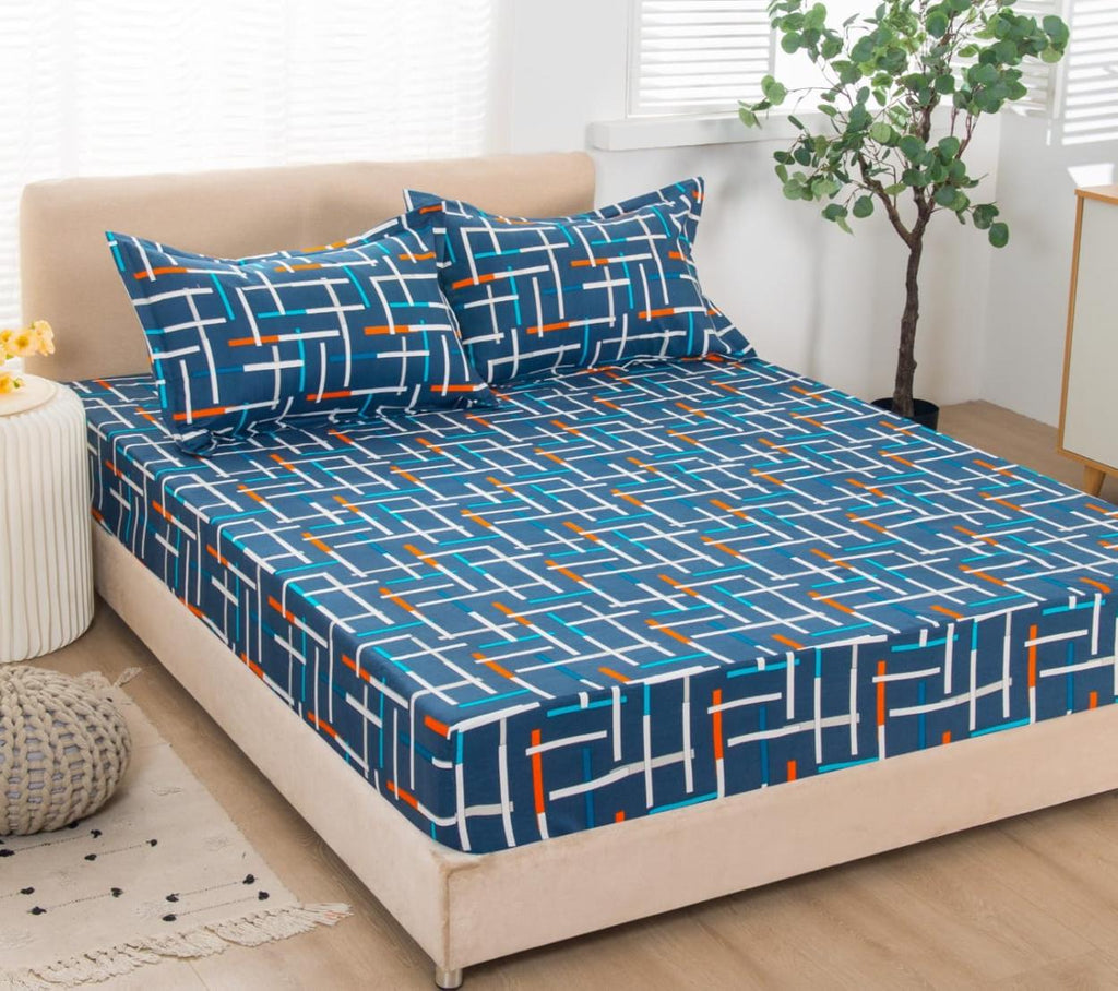Cearceafuri cu Elastic Bumbac Finet Pat Dublu Albastra Geometric CFN715