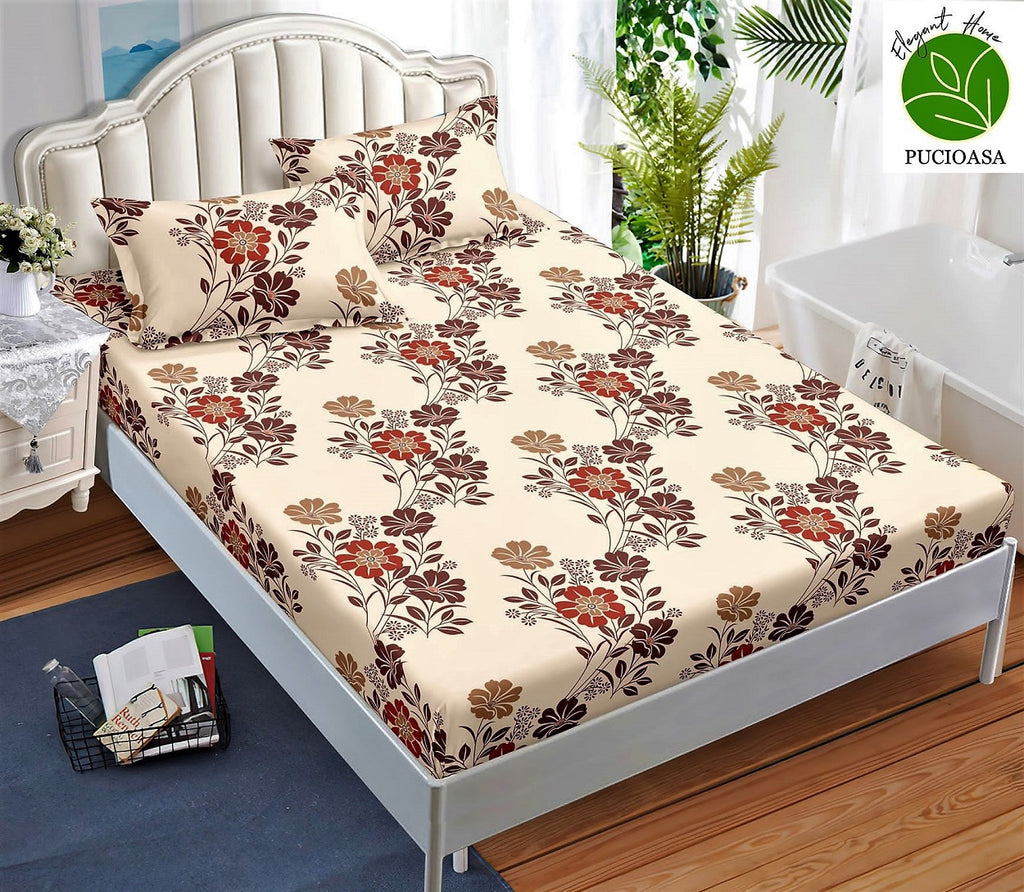 Huse Saltea cu Elastic Bumbac Finet Pat Dublu Bej Floral CFN341