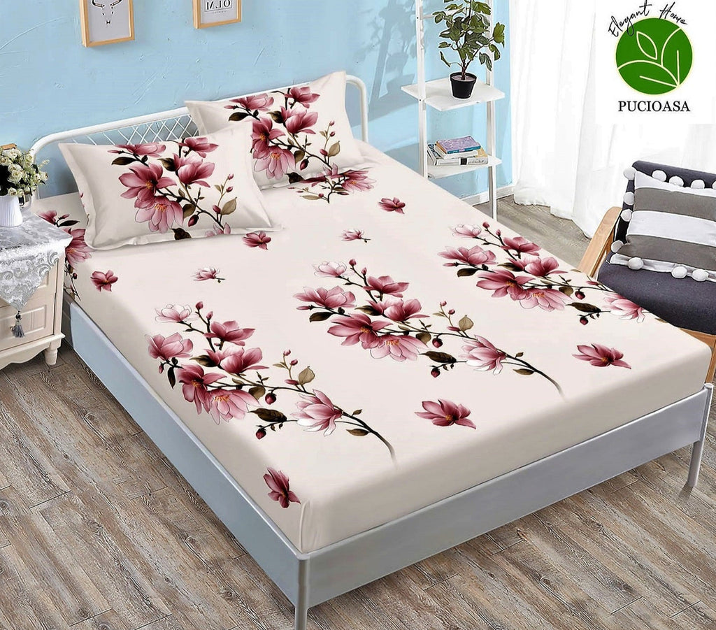 Huse Saltea cu Elastic Bumbac Finet Pat Dublu Bej Flori CFN349