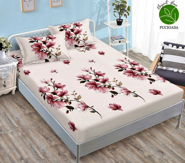 Huse Saltea cu Elastic Bumbac Finet Pat Dublu Bej Flori CFN349