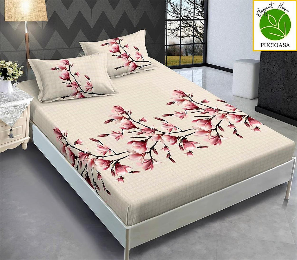Huse Saltea cu Elastic Bumbac Finet Pat Dublu Bej Floral CFN110