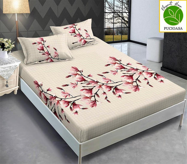 Huse Saltea cu Elastic Bumbac Finet Pat Dublu Bej Floral CFN110