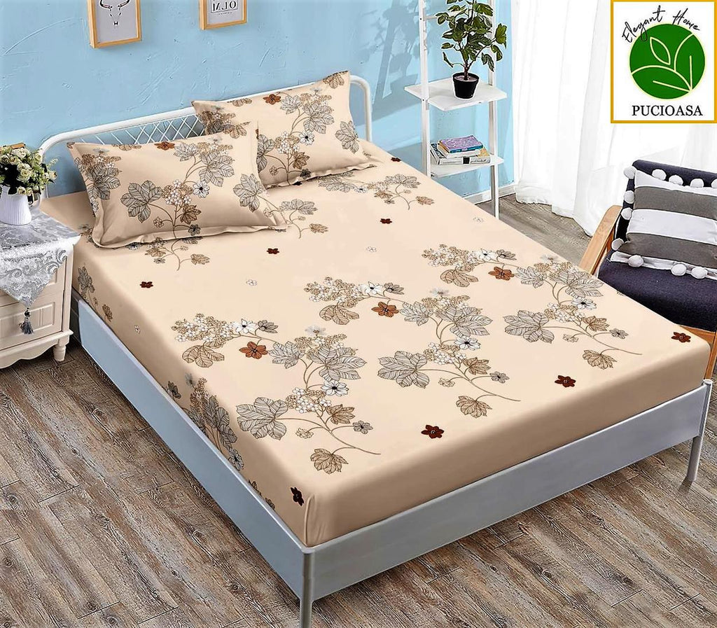 Huse Saltea cu Elastic Bumbac Finet Pat Dublu Bej Floral CFN202