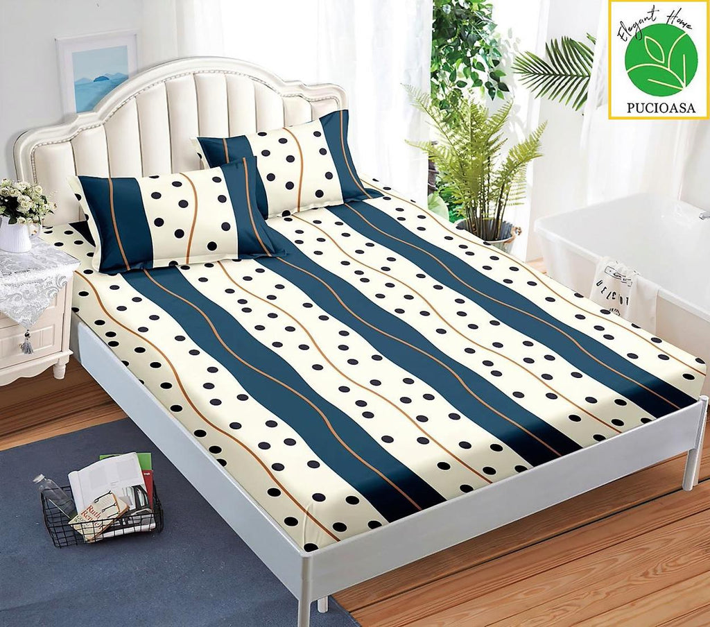 Huse Saltea cu Elastic Bumbac Finet Pat Dublu Crem Albastre Dungi CFN219