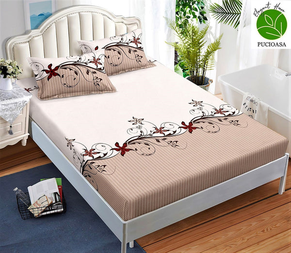 Huse Saltea cu Elastic Bumbac Finet Pat Dublu Bej Floral CFN348