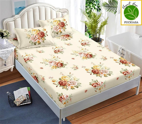 Huse Saltea cu Elastic Bumbac Finet Pat Dublu Crem Floral CFN178