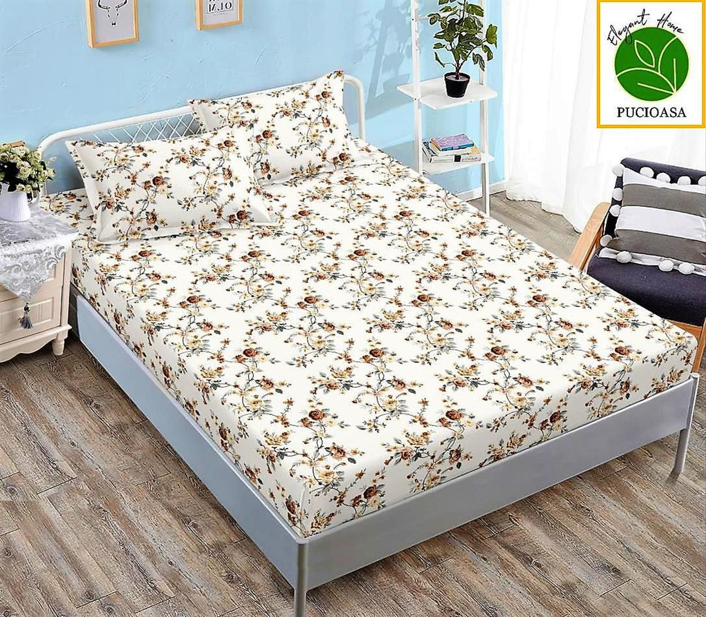 Huse Saltea cu Elastic Bumbac Finet Pat Dublu Crem Floral CFN179