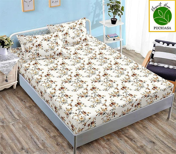 Huse Saltea cu Elastic Bumbac Finet Pat Dublu Crem Floral CFN179