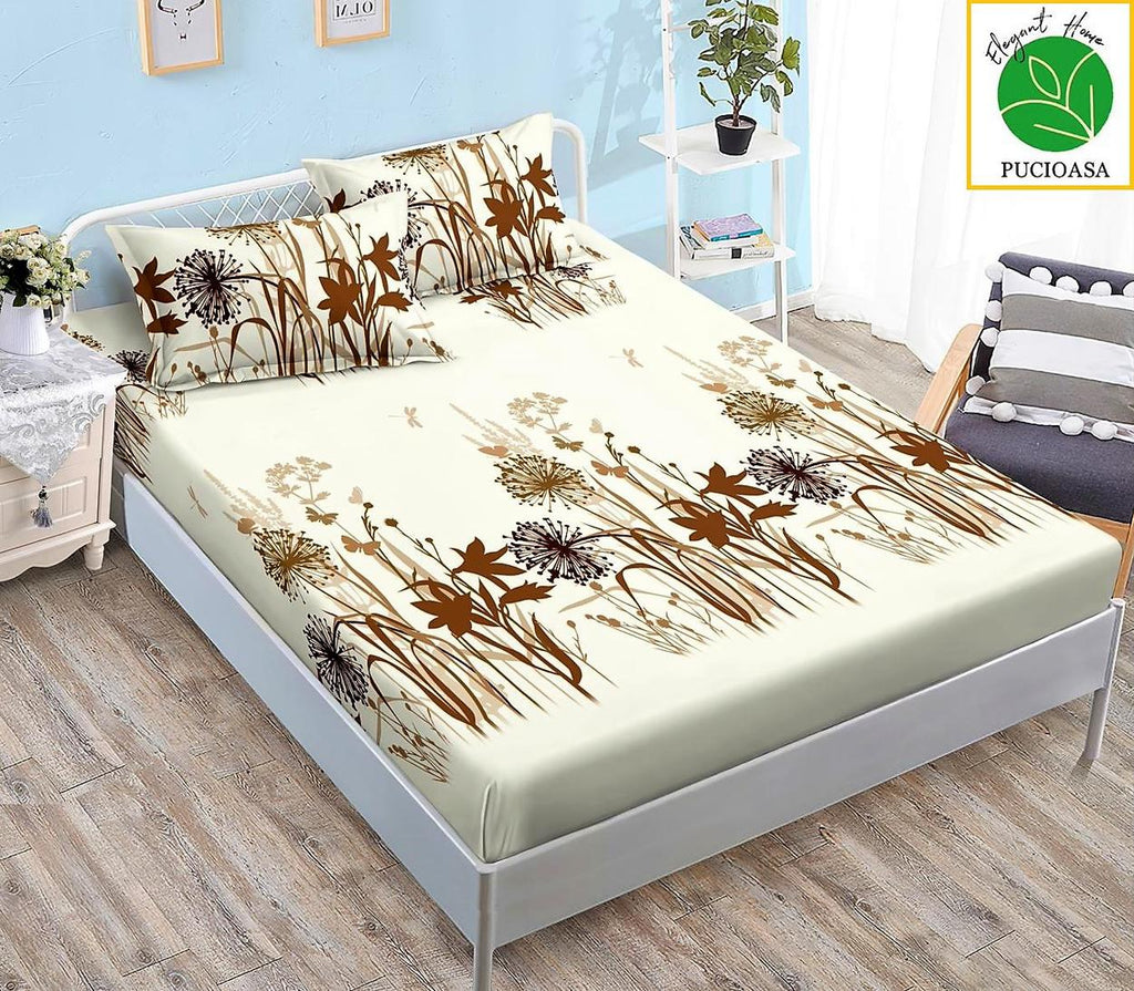 Huse Saltea cu Elastic Bumbac Finet Pat Dublu Crem Floral CFN224