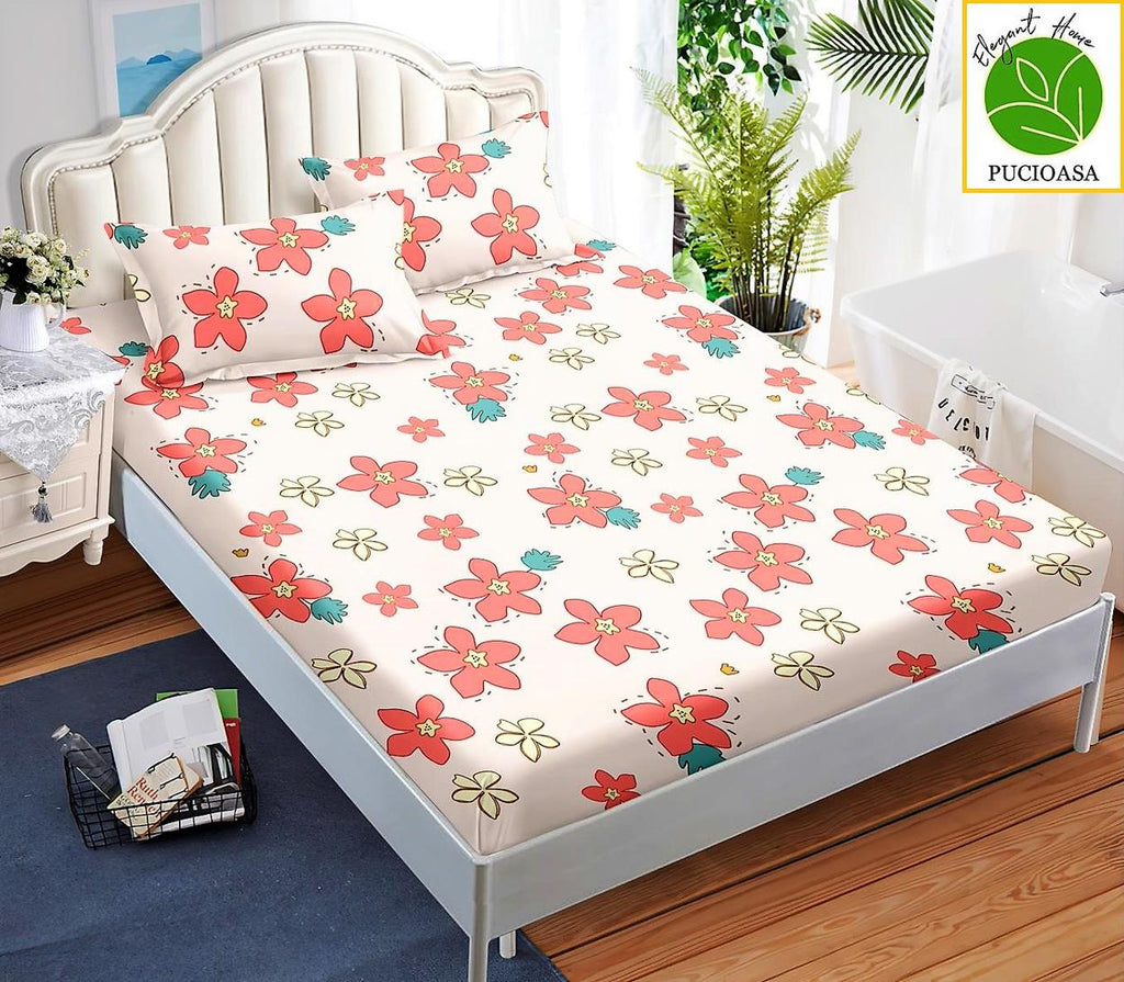 Huse Saltea cu Elastic Bumbac Finet Pat Dublu Crem Roz Floral CFN200