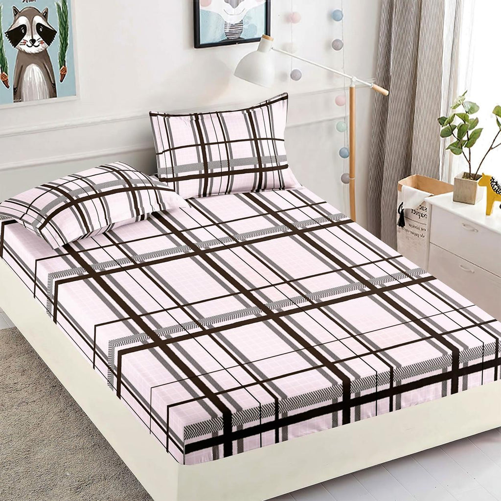Cearceafuri cu Elastic Bumbac Finet Pat Dublu Albe Linii Maro CFJ176