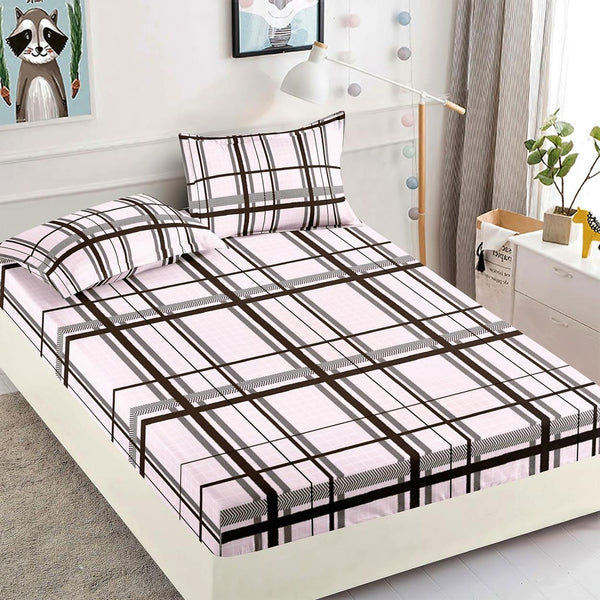 Cearceafuri cu Elastic Bumbac Finet Pat Dublu Albe Linii Maro CFJ176