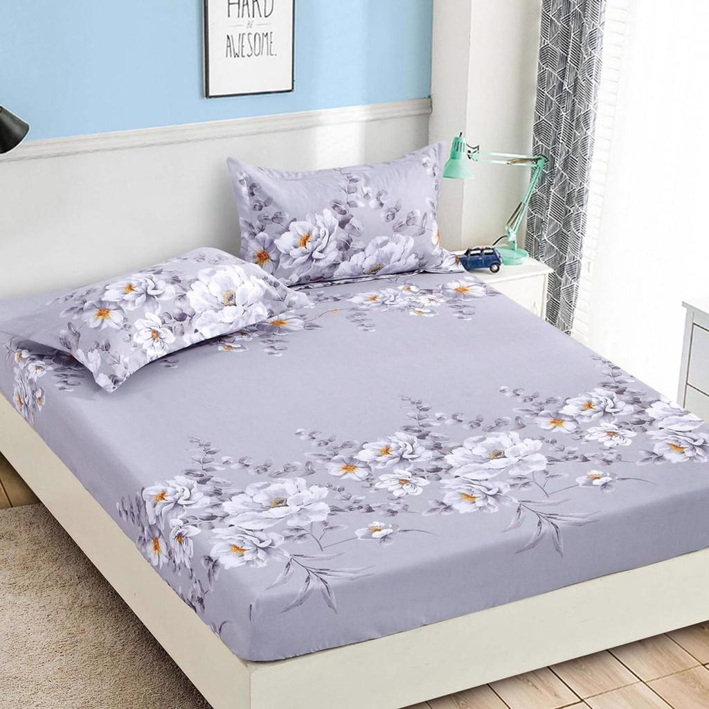 Cearceafuri cu Elastic Bumbac Finet Pat Dublu Floral Gri CFN41
