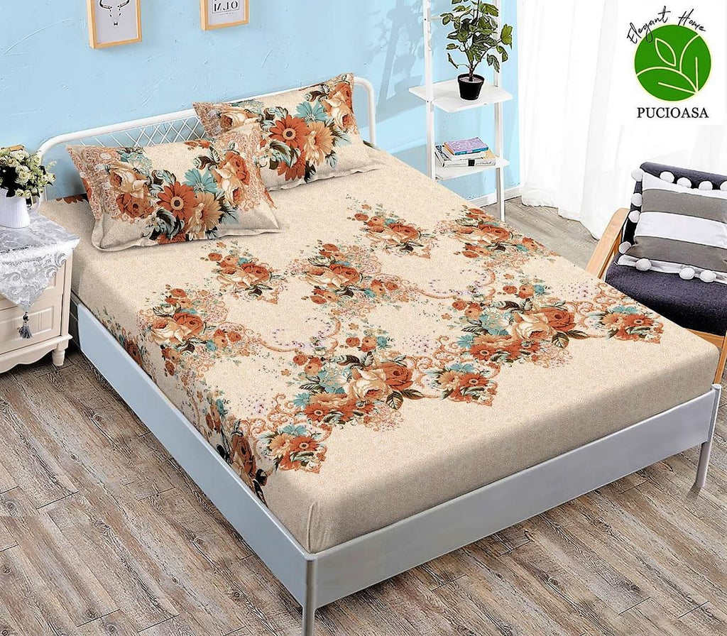 Cearceafuri cu Elastic Bumbac Finet Pat Dublu Floral Bej CFN93