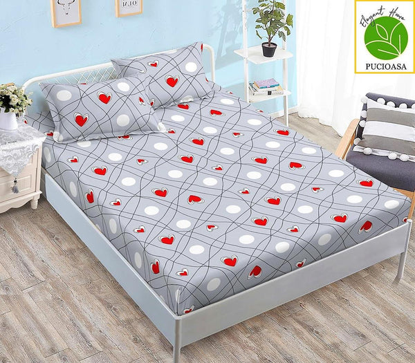 Huse Saltea cu Elastic Bumbac Finet Pat Dublu Gri Inimioare Rosii CFN96