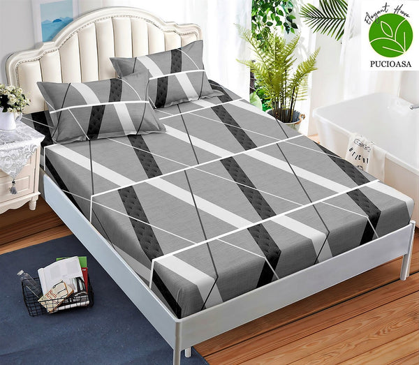 Huse Saltea cu Elastic Bumbac Finet Pat Dublu Gri Alb Geometric CFN343