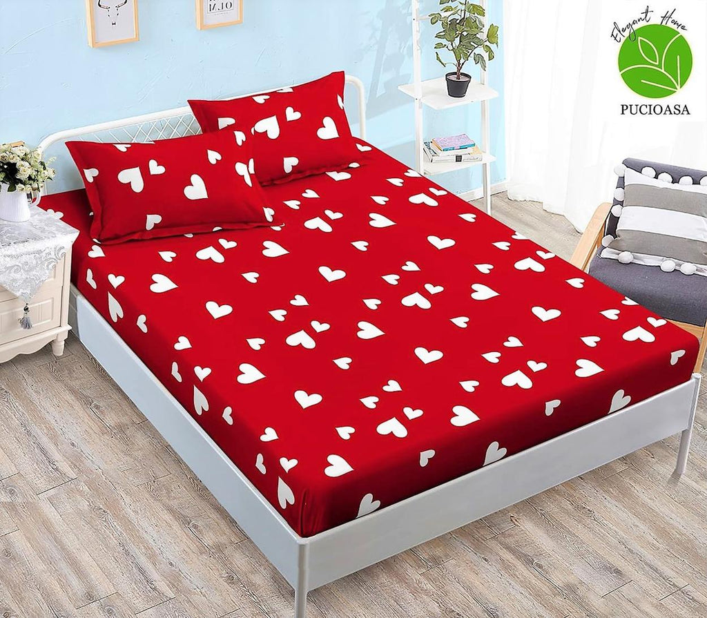 Cearceafuri cu Elastic Bumbac Finet Pat Dublu Inimi Rosu CFN89