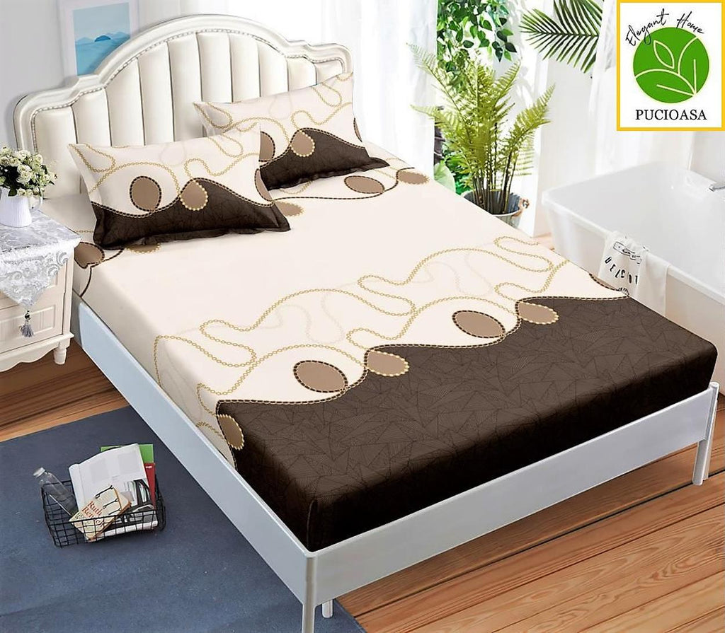 Huse Saltea cu Elastic Bumbac Finet Pat Dublu Crem Maro Elegant CFN181