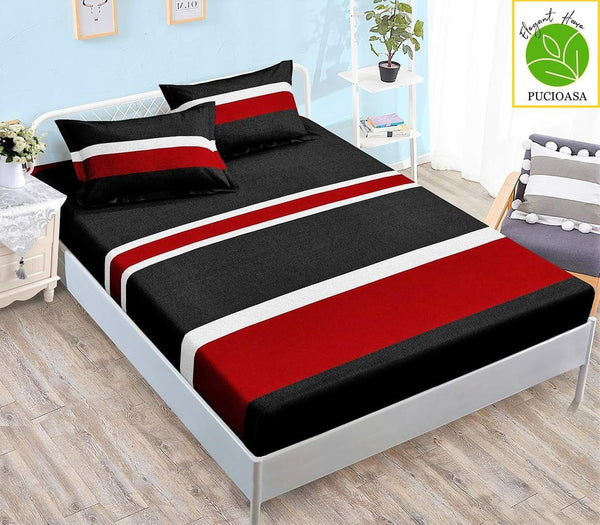 Huse Saltea cu Elastic Bumbac Finet Pat Dublu Negre Rosii Dungi CFN111