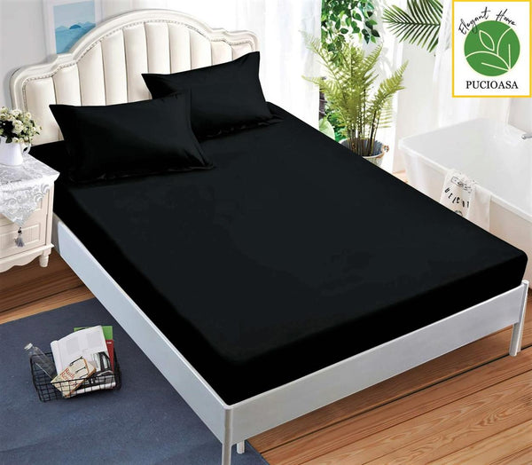 Huse Saltea cu Elastic Bumbac Finet Pat Dublu Negre Uni CFN176