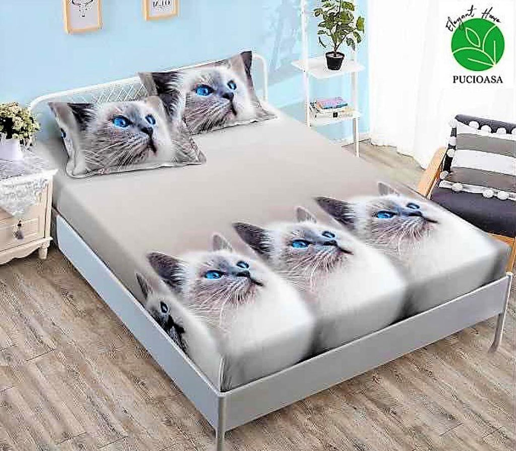 Cearceafuri cu Elastic Bumbac Finet Pat Dublu Pisici Gri CFN99
