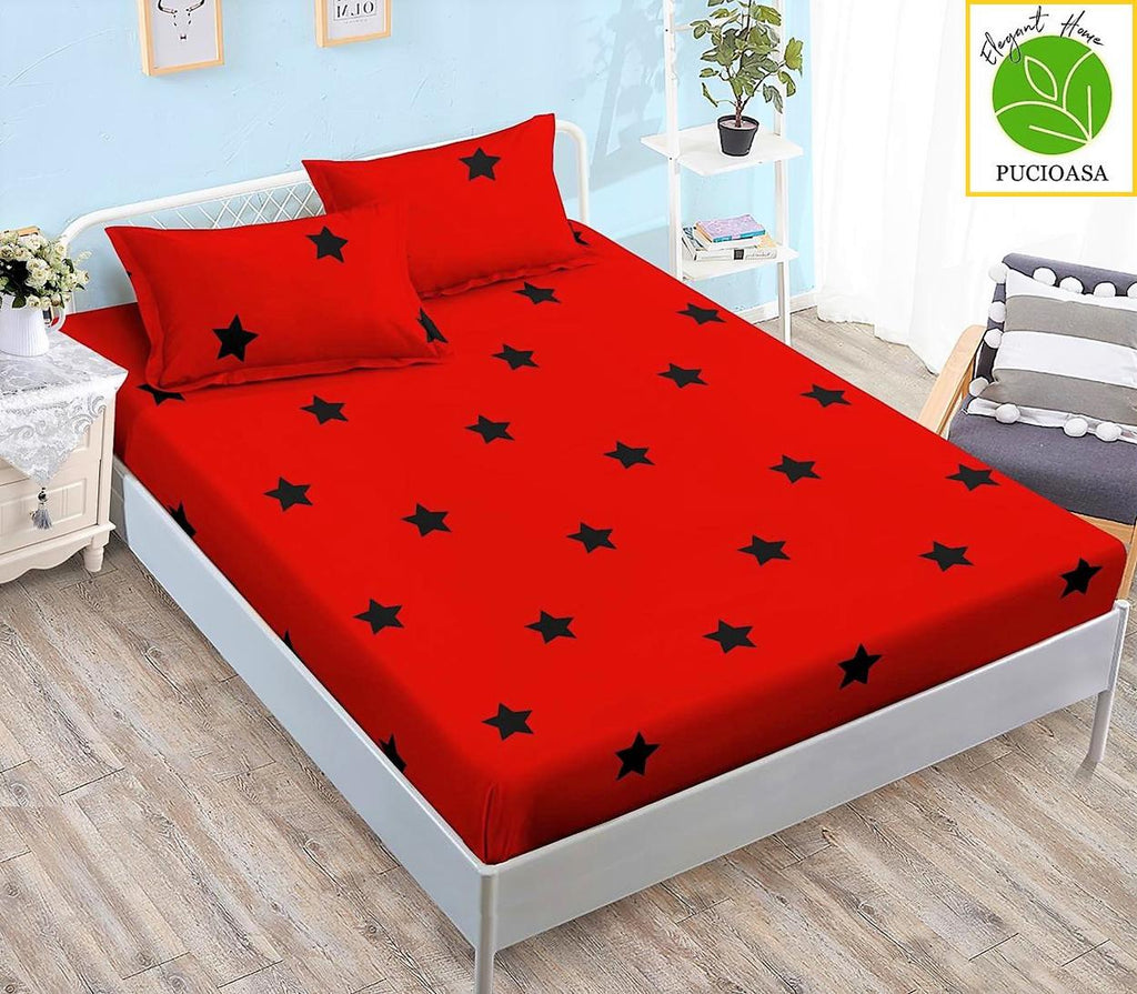 Huse Saltea cu Elastic Bumbac Finet Pat Dublu Rosu Stelute Negre CFN112