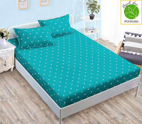 Huse Saltea cu Elastic Bumbac Finet Pat Dublu Turcoaz Stelute Albe CFN113