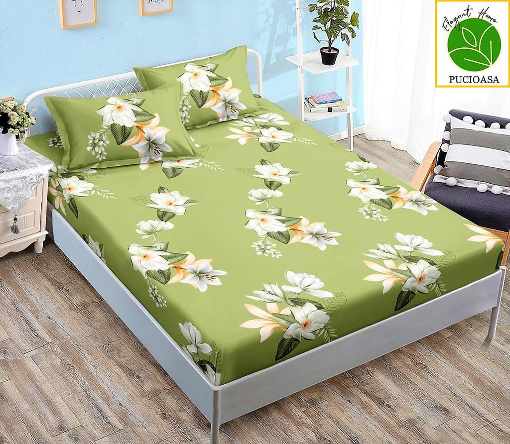 Huse Saltea cu Elastic Bumbac Finet Pat Dublu Verde Floral CFN210