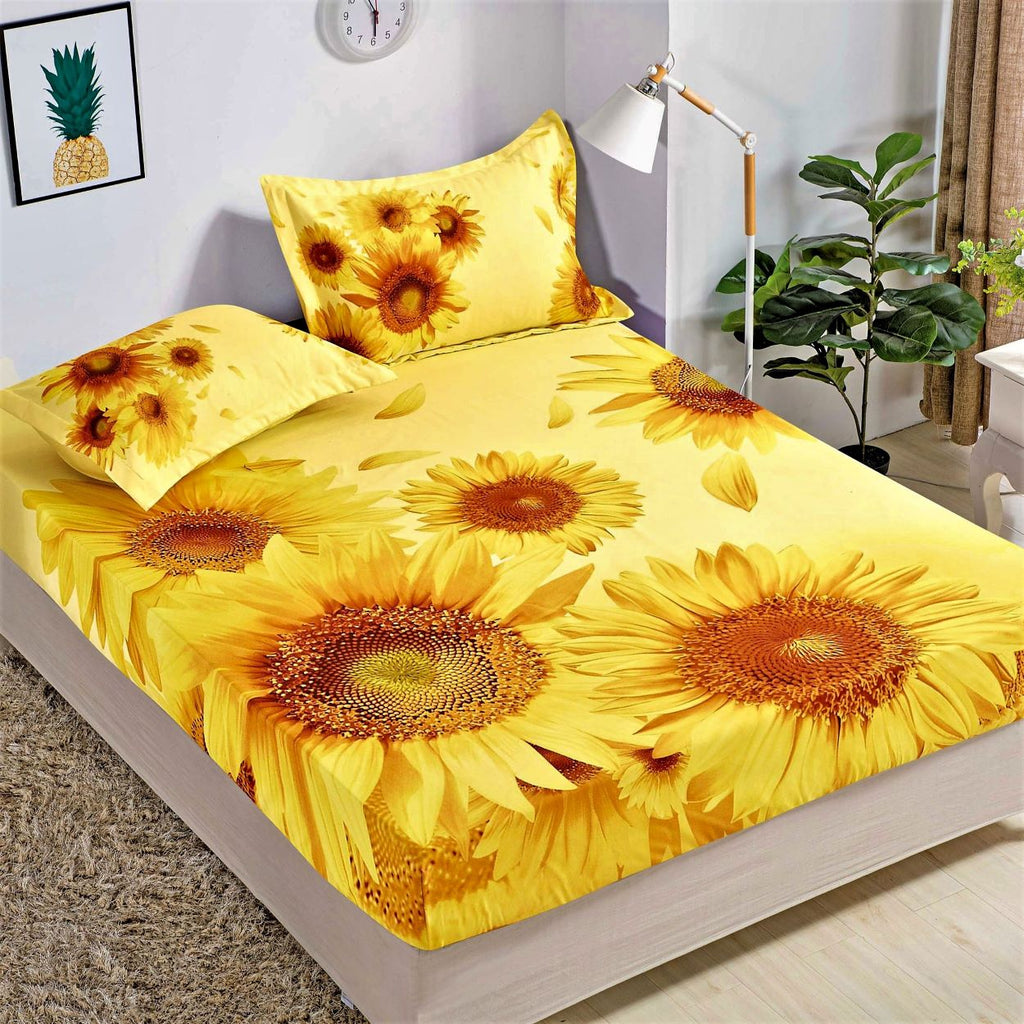 Huse Pat cu Elastic Bumbac Finet Pat Dublu Galben Floarea Soarelui CFJ233