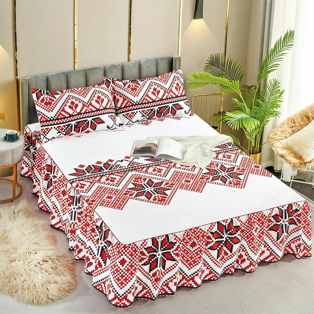 Lenjerii Bumbac Finet cu Volane Pat Dublu Motive traditionale alb rosu CFJ504