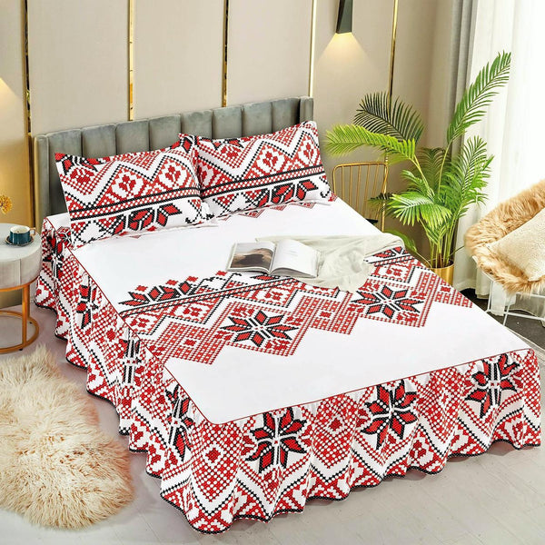 Lenjerii Bumbac Finet cu Volane Pat Dublu Motive traditionale alb rosu CFJ504