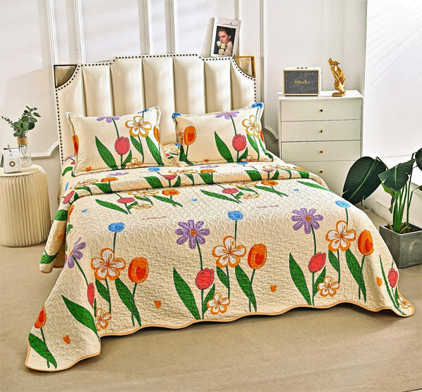 Cuverturi de Pat Matlasate 1+1 Gratis Crem Floral CM322A