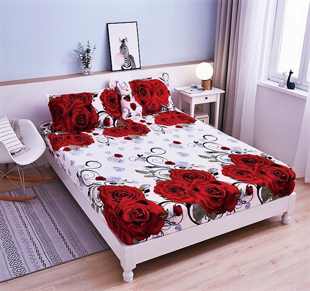 Huse de Pat cu Elastic Cocolino 160X200 Albe Trandafiri Rosii CCF19