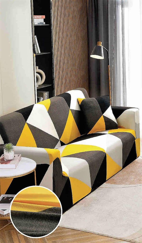 Husa Elastica Canapea 3 Locuri Galbena Gri Geometric HME3G1