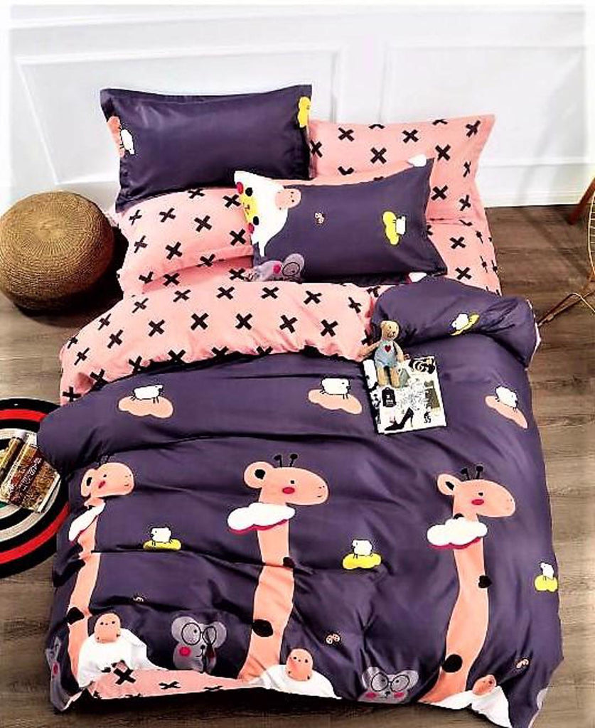Lenjerii Pat Single o Persoana Pucioasa Satinat Albastra Girafe LS88