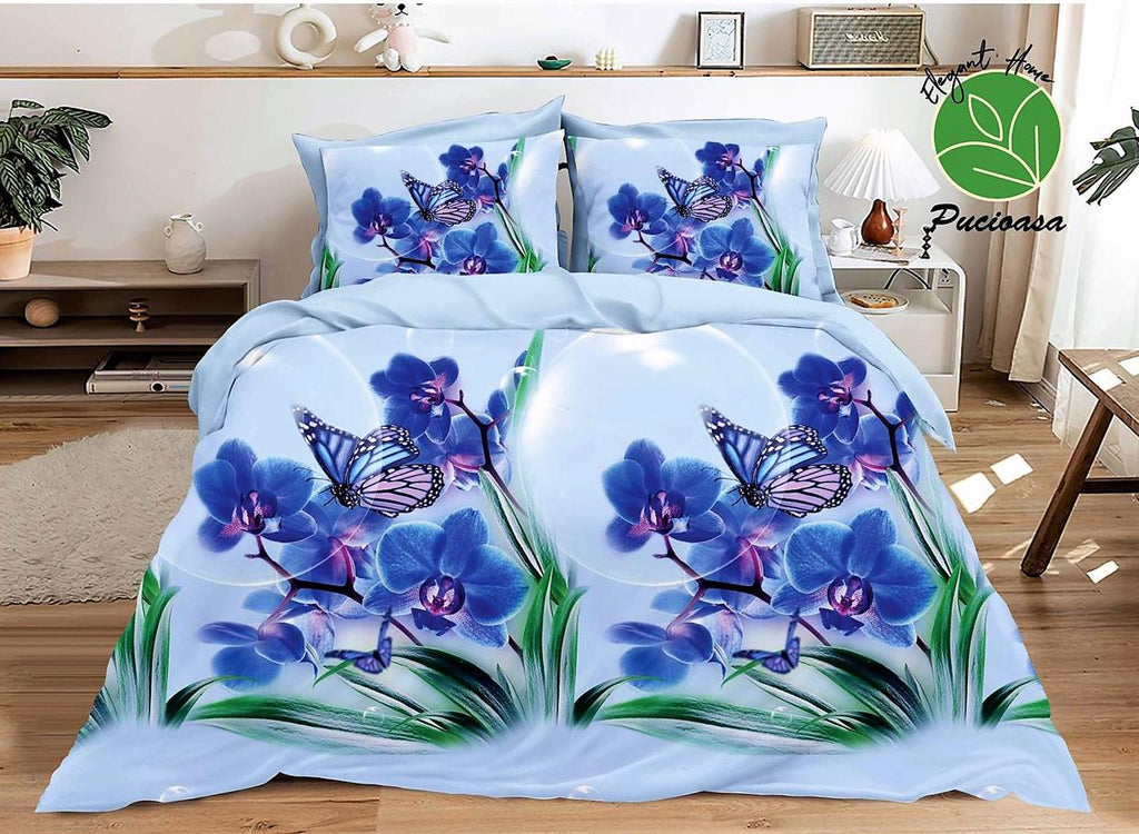 Lenjerii 3D 1+1 Gratis Pucioasa 4 Piese Flori pe Albastru D587