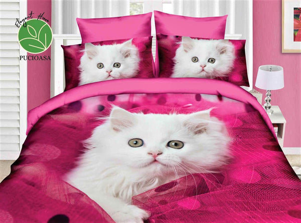Lenjerie 3D Bumbac Satinat Superior Pat Dublu Pisicute pe Roz D274