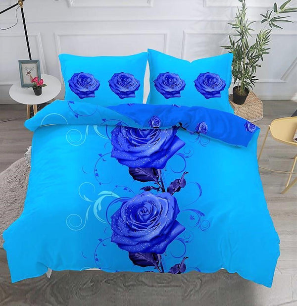 Lenjerii Bumbac Satinat Pucioasa Digital Print Pat Dublu 4 Piese Albastre Flori Mov LD18