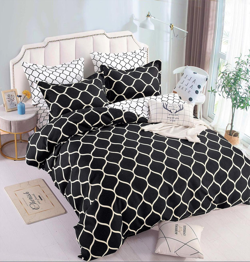 Lenjerii Bumbac Finet Satinat Pat Dublu Alb Negru Geometric BFJ226