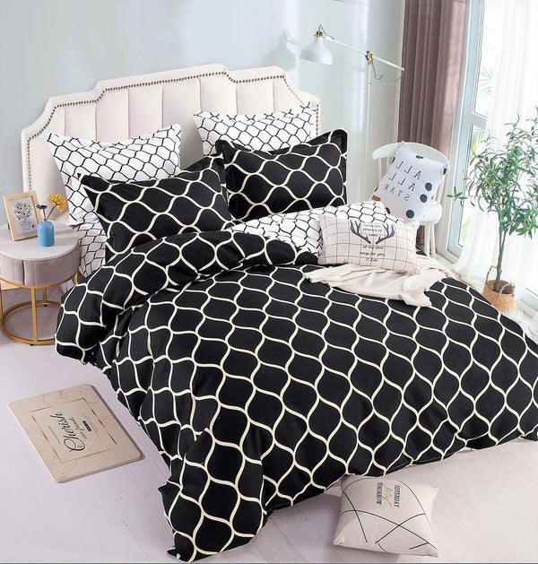 Lenjerii Bumbac Finet Satinat Pat Dublu Alb Negru Geometric BFJ226