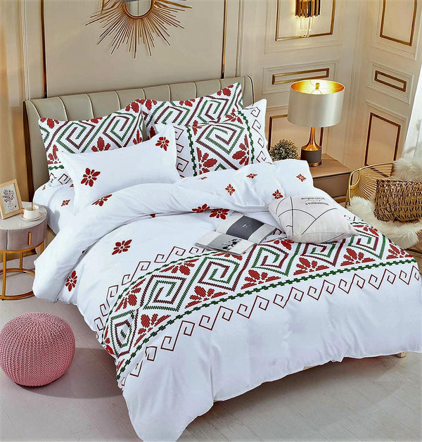 Lenjerii Bumbac Finet Satinat Pat Dublu Albe Motive Traditionale Rosii BFJ249