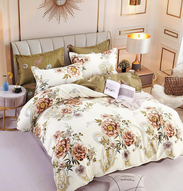 Lenjerii Bumbac Finet Satinat Pat Dublu Bej Floral BFJ230